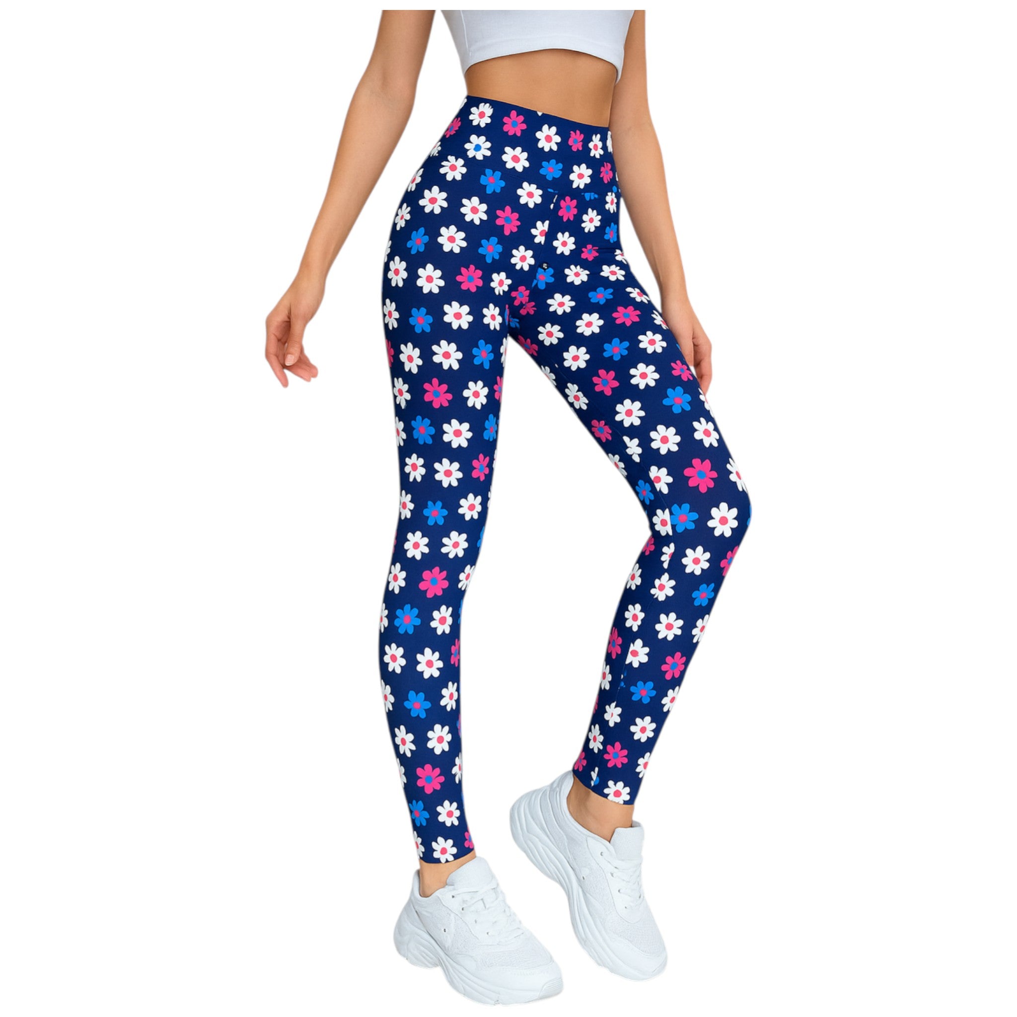 Women's purple floral print leggings with pink, white, and blue daisy pattern.